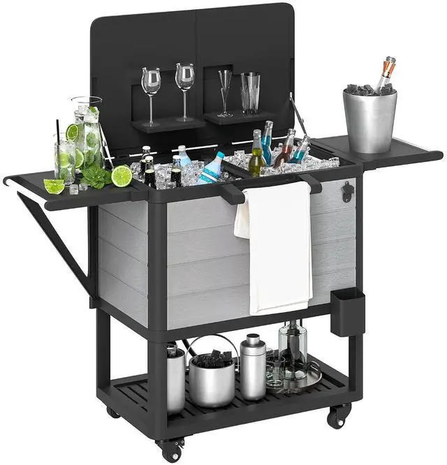 Main image of Patio Cooler with Wheels 104 Quart Large Capacity, Gray | Rolling Ice Chest, Bottle Opener, Shelves, Outdoor Beverage Bar Cart, Handles, Pool Deck BBQ Cookouts Party