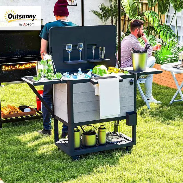 Alt view image 2 of 7 - Patio Cooler with Wheels 104 Quart Large Capacity, Gray | Rolling Ice Chest, Bottle Opener, Shelves, Outdoor Beverage Bar Cart, Handles, Pool Deck BBQ Cookouts Party