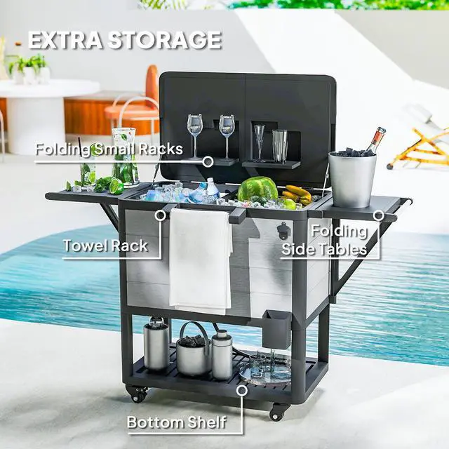 Alt view image 5 of 7 - Patio Cooler with Wheels 104 Quart Large Capacity, Gray | Rolling Ice Chest, Bottle Opener, Shelves, Outdoor Beverage Bar Cart, Handles, Pool Deck BBQ Cookouts Party