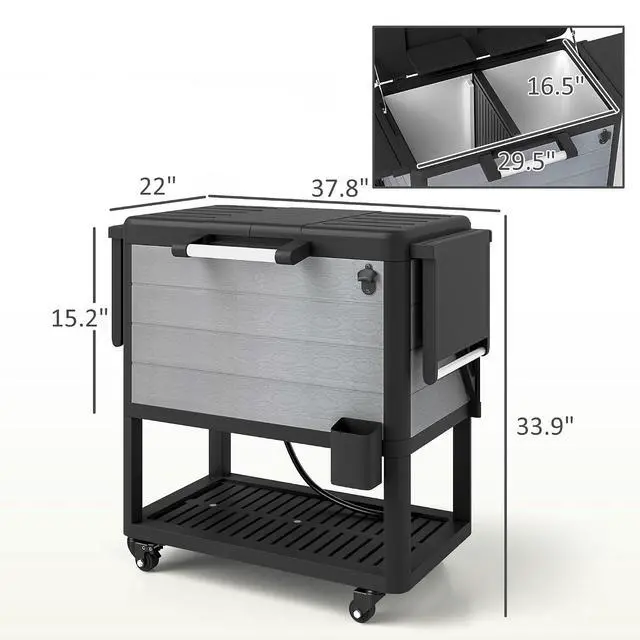 Alt view image 7 of 7 - Patio Cooler with Wheels 104 Quart Large Capacity, Gray | Rolling Ice Chest, Bottle Opener, Shelves, Outdoor Beverage Bar Cart, Handles, Pool Deck BBQ Cookouts Party