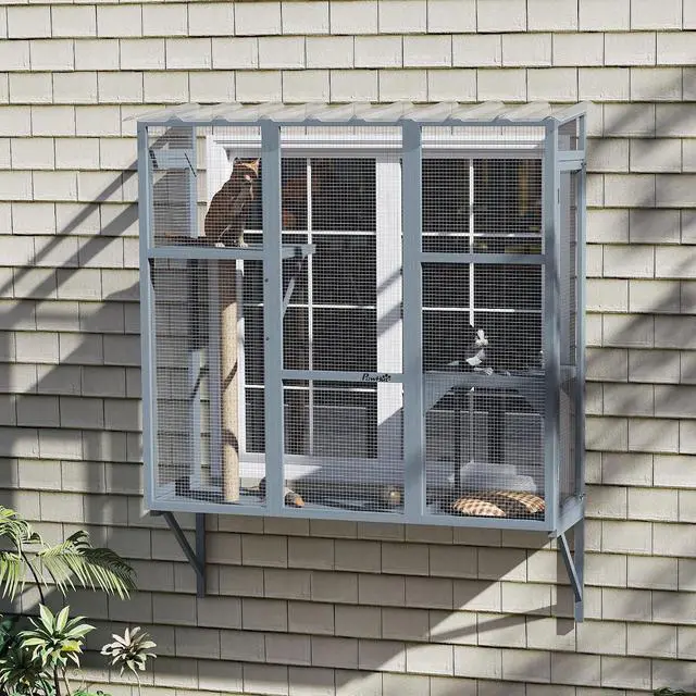 Alt view image 2 of 7 - PawHut Outdoor Catio for 2-3 Large Indoor Cats 2 Jumping Platforms Gray | Cat Window Catio Box Enclosure, Scratching Post, Cat Window Perch, Playing, Sunbathing, Napping, Enjoying Sights