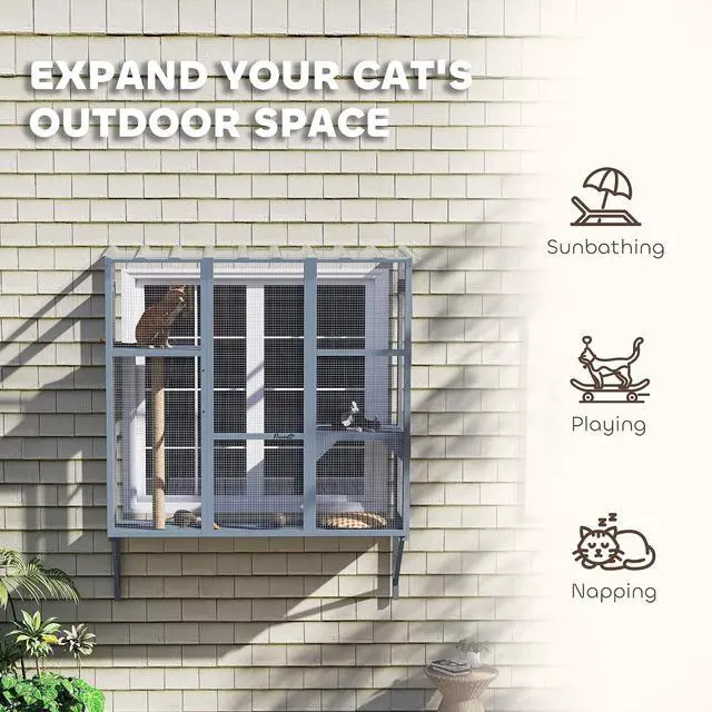 Alt view image 3 of 7 - PawHut Outdoor Catio for 2-3 Large Indoor Cats 2 Jumping Platforms Gray | Cat Window Catio Box Enclosure, Scratching Post, Cat Window Perch, Playing, Sunbathing, Napping, Enjoying Sights
