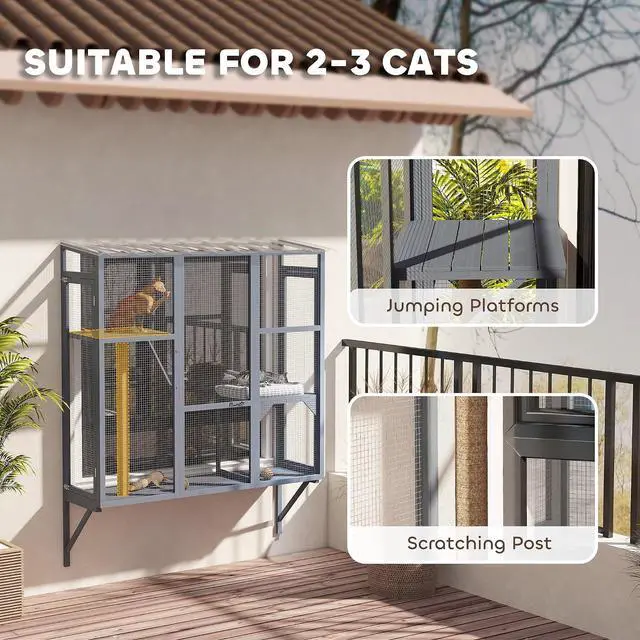 Alt view image 4 of 7 - PawHut Outdoor Catio for 2-3 Large Indoor Cats 2 Jumping Platforms Gray | Cat Window Catio Box Enclosure, Scratching Post, Cat Window Perch, Playing, Sunbathing, Napping, Enjoying Sights