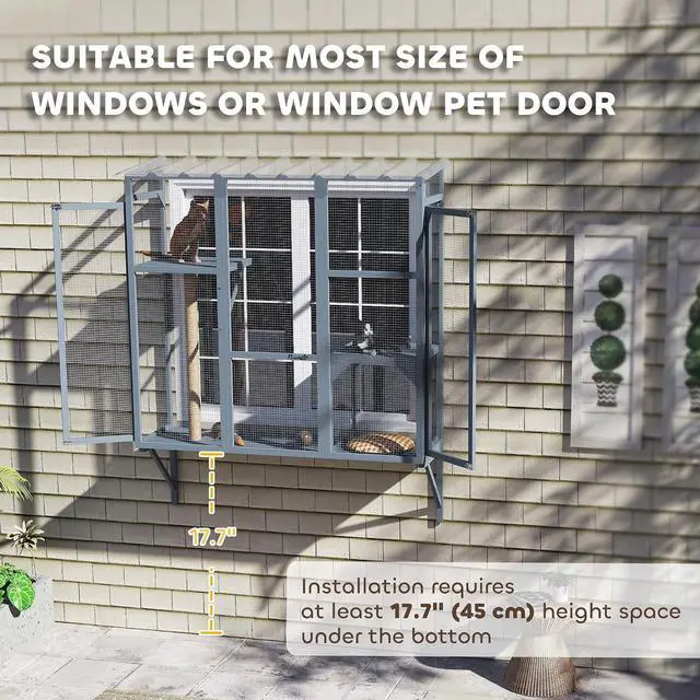 Alt view image 6 of 7 - PawHut Outdoor Catio for 2-3 Large Indoor Cats 2 Jumping Platforms Gray | Cat Window Catio Box Enclosure, Scratching Post, Cat Window Perch, Playing, Sunbathing, Napping, Enjoying Sights