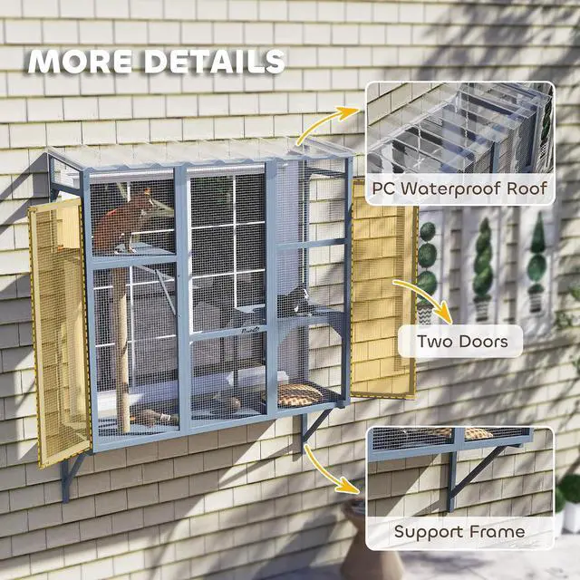 Alt view image 5 of 7 - PawHut Outdoor Catio for 2-3 Large Indoor Cats 2 Jumping Platforms Gray | Cat Window Catio Box Enclosure, Scratching Post, Cat Window Perch, Playing, Sunbathing, Napping, Enjoying Sights