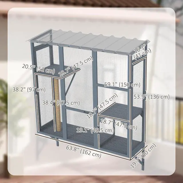 Alt view image 7 of 7 - PawHut Outdoor Catio for 2-3 Large Indoor Cats 2 Jumping Platforms Gray | Cat Window Catio Box Enclosure, Scratching Post, Cat Window Perch, Playing, Sunbathing, Napping, Enjoying Sights