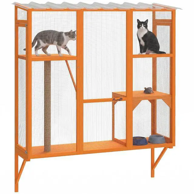 Main image of PawHut Outdoor Catio for 2-3 Large Indoor Cats 2 Jumping Platforms Orange | Cat Window Catio Box Enclosure, Scratching Post, Cat Window Perch, Playing, Sunbathing, Napping, Enjoying Sights