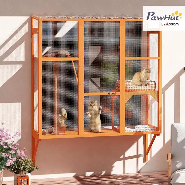 Alt view image 2 of 7 - PawHut Outdoor Catio for 2-3 Large Indoor Cats 2 Jumping Platforms Orange | Cat Window Catio Box Enclosure, Scratching Post, Cat Window Perch, Playing, Sunbathing, Napping, Enjoying Sights