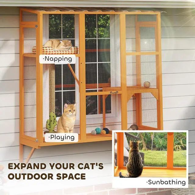 Alt view image 3 of 7 - PawHut Outdoor Catio for 2-3 Large Indoor Cats 2 Jumping Platforms Orange | Cat Window Catio Box Enclosure, Scratching Post, Cat Window Perch, Playing, Sunbathing, Napping, Enjoying Sights