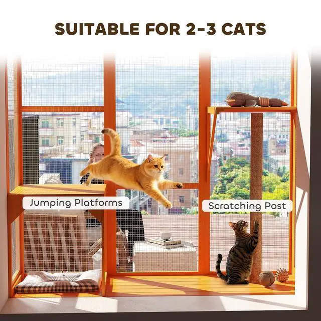 Alt view image 4 of 7 - PawHut Outdoor Catio for 2-3 Large Indoor Cats 2 Jumping Platforms Orange | Cat Window Catio Box Enclosure, Scratching Post, Cat Window Perch, Playing, Sunbathing, Napping, Enjoying Sights