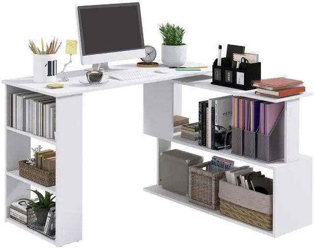Main image of 47 Inch L Shaped Desk, Home Office Table, 360 Degree Rotating, White | Corner Computer Desk, with Storage Shelves, Writing Table Workstation