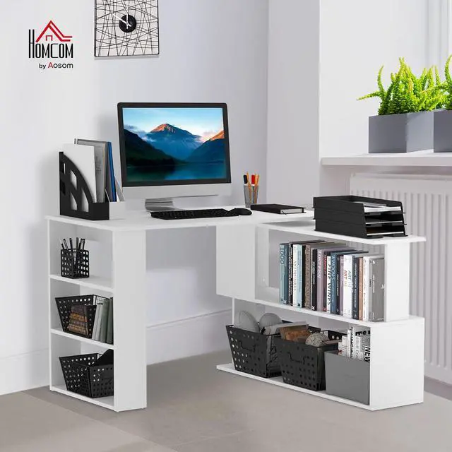 Alt view image 2 of 7 - 47 Inch L Shaped Desk, Home Office Table, 360 Degree Rotating, White | Corner Computer Desk, with Storage Shelves, Writing Table Workstation