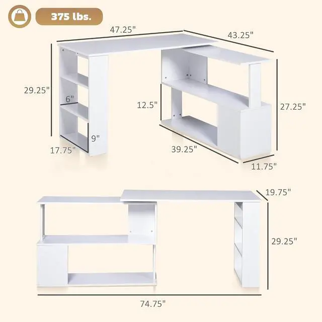 Alt view image 3 of 7 - 47 Inch L Shaped Desk, Home Office Table, 360 Degree Rotating, White | Corner Computer Desk, with Storage Shelves, Writing Table Workstation