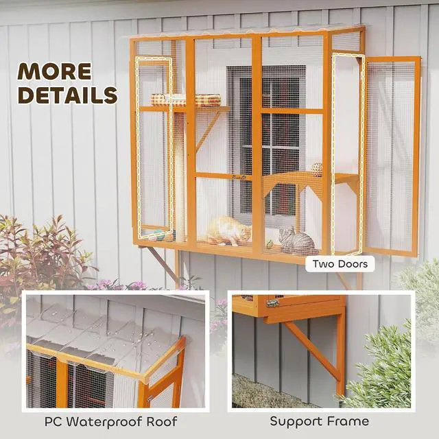 Alt view image 5 of 7 - PawHut Outdoor Catio for 2-3 Large Indoor Cats 2 Jumping Platforms Orange | Cat Window Catio Box Enclosure, Scratching Post, Cat Window Perch, Playing, Sunbathing, Napping, Enjoying Sights