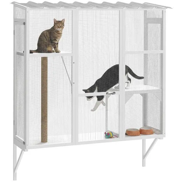 Main image of PawHut Outdoor Catio for 2-3 Large Indoor Cats 2 Jumping Platforms White | Cat Window Catio Box Enclosure, Scratching Post, Cat Window Perch, Playing, Sunbathing, Napping, Enjoying Sights