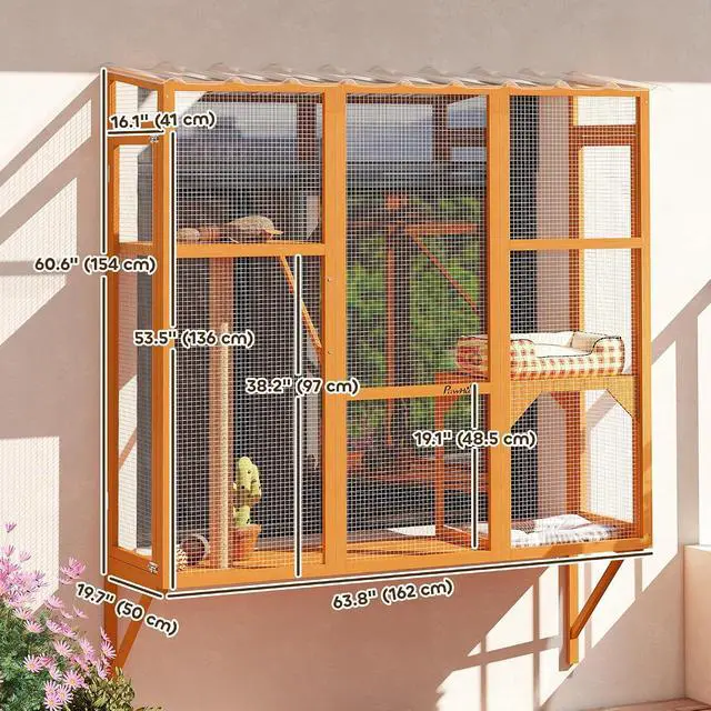 Alt view image 7 of 7 - PawHut Outdoor Catio for 2-3 Large Indoor Cats 2 Jumping Platforms Orange | Cat Window Catio Box Enclosure, Scratching Post, Cat Window Perch, Playing, Sunbathing, Napping, Enjoying Sights
