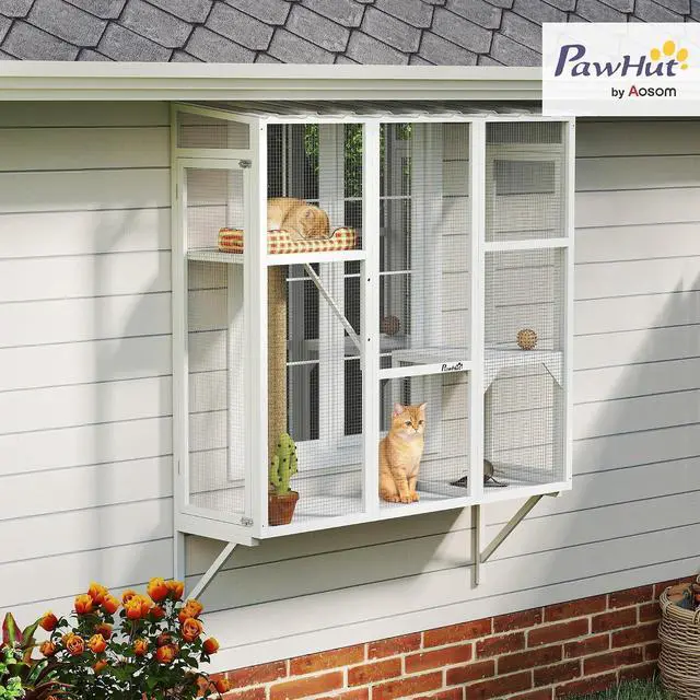 Alt view image 2 of 7 - PawHut Outdoor Catio for 2-3 Large Indoor Cats 2 Jumping Platforms White | Cat Window Catio Box Enclosure, Scratching Post, Cat Window Perch, Playing, Sunbathing, Napping, Enjoying Sights