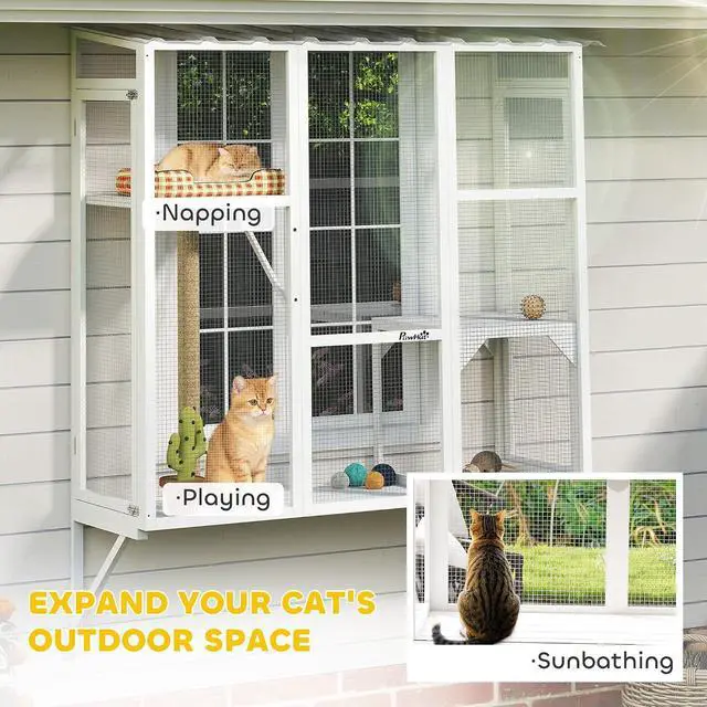 Alt view image 3 of 7 - PawHut Outdoor Catio for 2-3 Large Indoor Cats 2 Jumping Platforms White | Cat Window Catio Box Enclosure, Scratching Post, Cat Window Perch, Playing, Sunbathing, Napping, Enjoying Sights