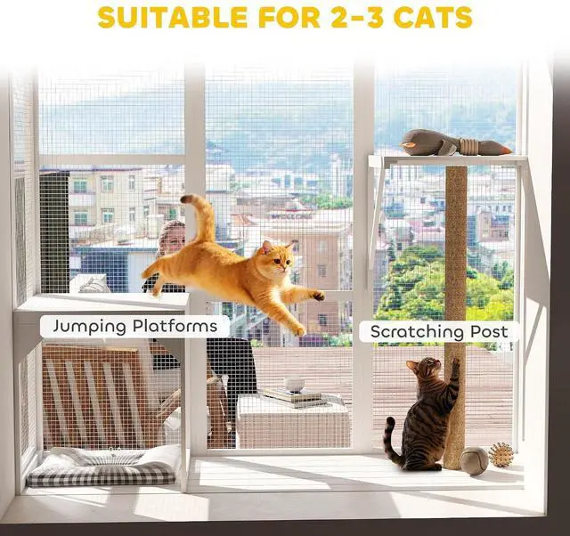 Alt view image 4 of 7 - PawHut Outdoor Catio for 2-3 Large Indoor Cats 2 Jumping Platforms White | Cat Window Catio Box Enclosure, Scratching Post, Cat Window Perch, Playing, Sunbathing, Napping, Enjoying Sights