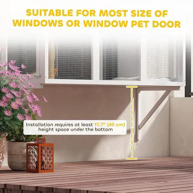 Alt view image 6 of 7 - PawHut Outdoor Catio for 2-3 Large Indoor Cats 2 Jumping Platforms White | Cat Window Catio Box Enclosure, Scratching Post, Cat Window Perch, Playing, Sunbathing, Napping, Enjoying Sights