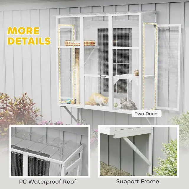 Alt view image 5 of 7 - PawHut Outdoor Catio for 2-3 Large Indoor Cats 2 Jumping Platforms White | Cat Window Catio Box Enclosure, Scratching Post, Cat Window Perch, Playing, Sunbathing, Napping, Enjoying Sights