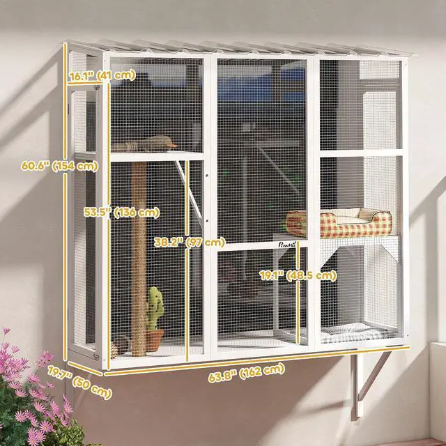 Alt view image 7 of 7 - PawHut Outdoor Catio for 2-3 Large Indoor Cats 2 Jumping Platforms White | Cat Window Catio Box Enclosure, Scratching Post, Cat Window Perch, Playing, Sunbathing, Napping, Enjoying Sights