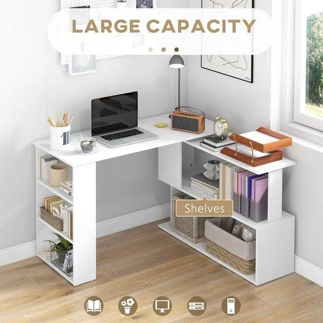 Alt view image 4 of 7 - 47 Inch L Shaped Desk, Home Office Table, 360 Degree Rotating, White | Corner Computer Desk, with Storage Shelves, Writing Table Workstation
