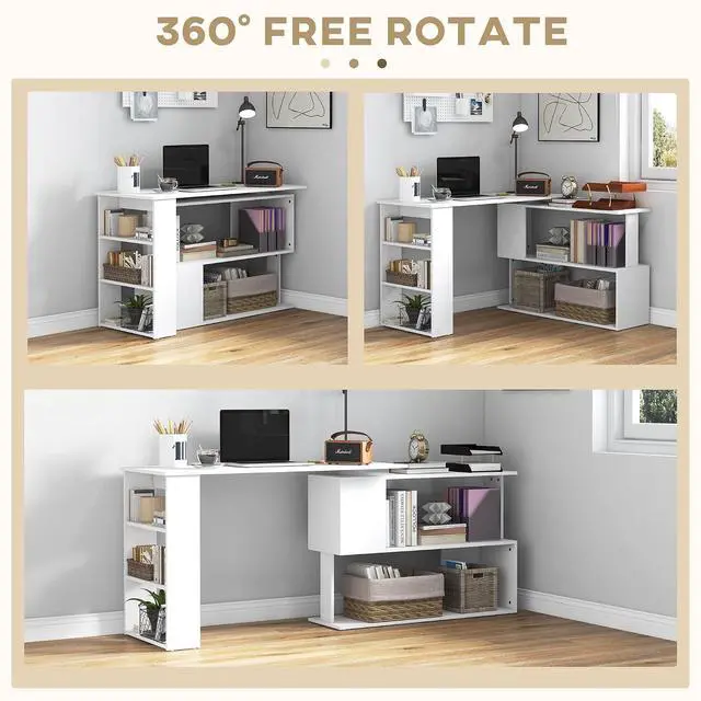 Alt view image 5 of 7 - 47 Inch L Shaped Desk, Home Office Table, 360 Degree Rotating, White | Corner Computer Desk, with Storage Shelves, Writing Table Workstation