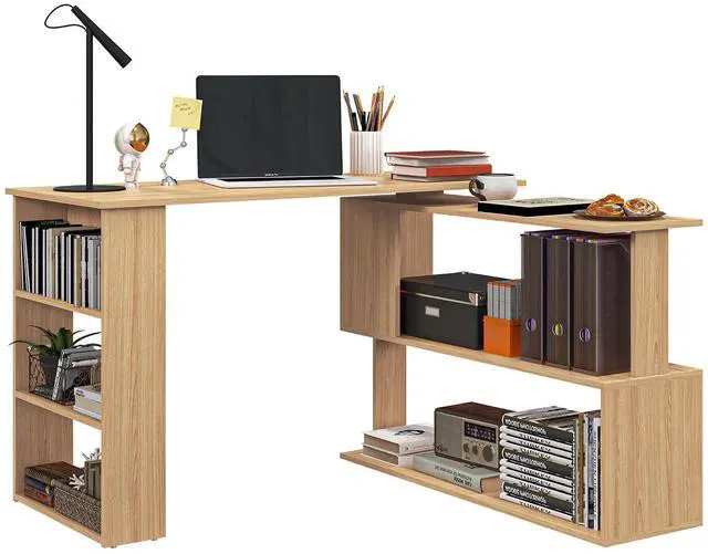 Main image of 47 Inch L Shaped Desk, Home Office Table, 360 Degree Rotating Maple | Corner Computer Desk, with Storage Shelves, Writing Table Workstation