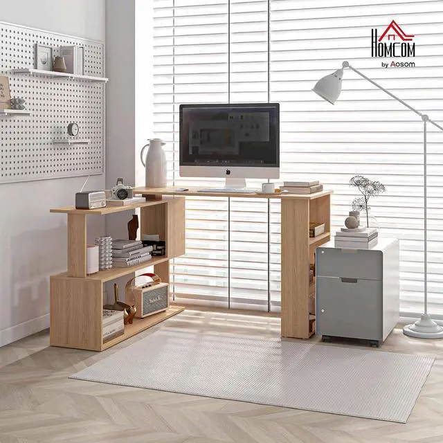 Alt view image 2 of 7 - 47 Inch L Shaped Desk, Home Office Table, 360 Degree Rotating Maple | Corner Computer Desk, with Storage Shelves, Writing Table Workstation
