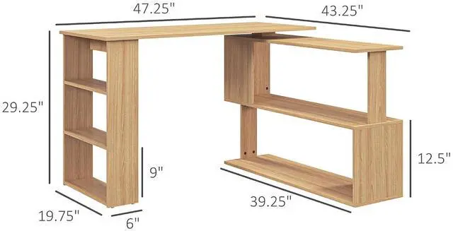 Alt view image 3 of 7 - 47 Inch L Shaped Desk, Home Office Table, 360 Degree Rotating Maple | Corner Computer Desk, with Storage Shelves, Writing Table Workstation