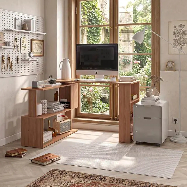 Alt view image 6 of 7 - 47 Inch L Shaped Desk, Home Office Table, 360 Degree Rotating Maple | Corner Computer Desk, with Storage Shelves, Writing Table Workstation