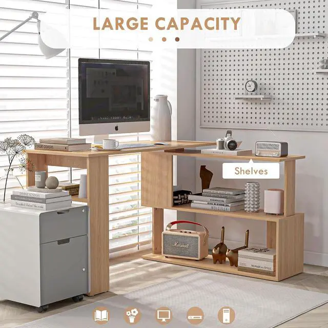 Alt view image 4 of 7 - 47 Inch L Shaped Desk, Home Office Table, 360 Degree Rotating Maple | Corner Computer Desk, with Storage Shelves, Writing Table Workstation