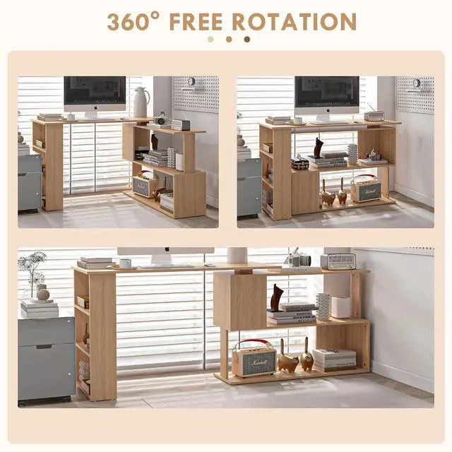 Alt view image 5 of 7 - 47 Inch L Shaped Desk, Home Office Table, 360 Degree Rotating Maple | Corner Computer Desk, with Storage Shelves, Writing Table Workstation