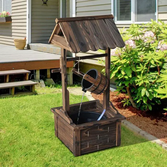 Alt view image 2 of 7 - Outdoor Wooden Wishing Well Fountain with Pump Carbonized Finish | Adjustable Water Flow Rate, Outdoor Rustic Waterfall Fountain, Water Bucket, for Backyard Patio Garden Lawn, for Outside