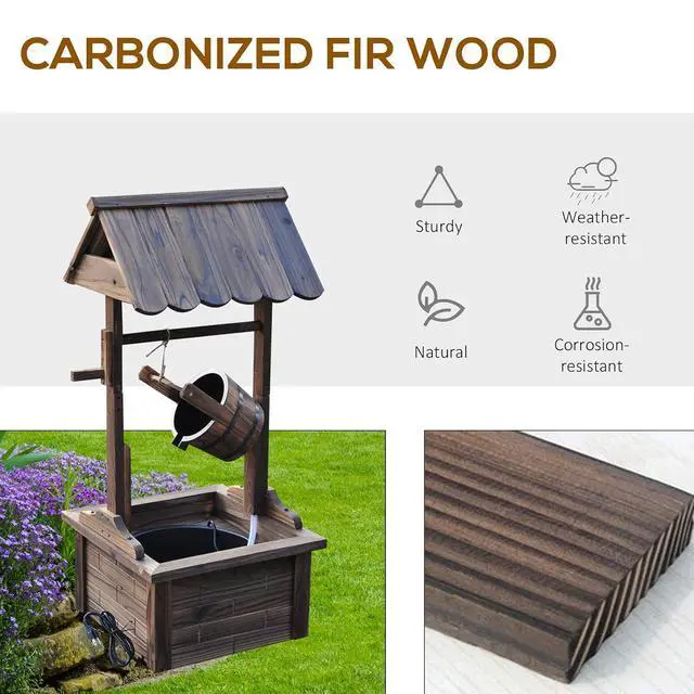 Alt view image 3 of 7 - Outdoor Wooden Wishing Well Fountain with Pump Carbonized Finish | Adjustable Water Flow Rate, Outdoor Rustic Waterfall Fountain, Water Bucket, for Backyard Patio Garden Lawn, for Outside