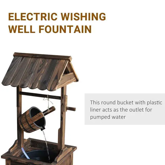 Alt view image 5 of 7 - Outdoor Wooden Wishing Well Fountain with Pump Carbonized Finish | Adjustable Water Flow Rate, Outdoor Rustic Waterfall Fountain, Water Bucket, for Backyard Patio Garden Lawn, for Outside