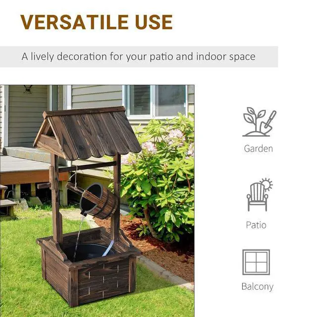 Alt view image 4 of 7 - Outdoor Wooden Wishing Well Fountain with Pump Carbonized Finish | Adjustable Water Flow Rate, Outdoor Rustic Waterfall Fountain, Water Bucket, for Backyard Patio Garden Lawn, for Outside