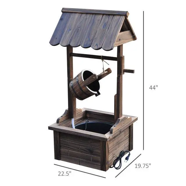 Alt view image 7 of 7 - Outdoor Wooden Wishing Well Fountain with Pump Carbonized Finish | Adjustable Water Flow Rate, Outdoor Rustic Waterfall Fountain, Water Bucket, for Backyard Patio Garden Lawn, for Outside