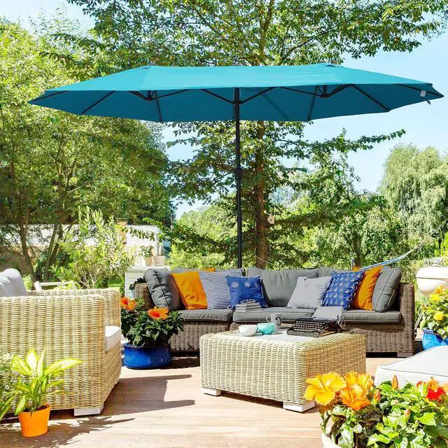 Alt view image 2 of 7 - Extra Large 15 ft Patio Umbrella with Crank Handle | Double-Sided Wide Outdoor Umbrella, Air Vents, Backyard, Deck, Pool, Market