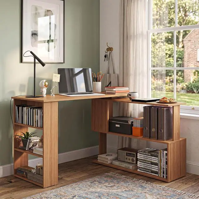 Alt view image 7 of 7 - 47 Inch L Shaped Desk, Home Office Table, 360 Degree Rotating Maple | Corner Computer Desk, with Storage Shelves, Writing Table Workstation