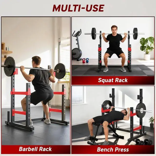 Alt view image 3 of 7 - Adjustable Squat Rack Bench Press Weight Plate Holders | Heavy Duty Steel Barbell Stand, for Weight Lifting, Home Gym Strength Training, 660lbs Max Load