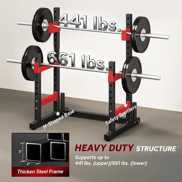Alt view image 5 of 7 - Adjustable Squat Rack Bench Press Weight Plate Holders | Heavy Duty Steel Barbell Stand, for Weight Lifting, Home Gym Strength Training, 660lbs Max Load