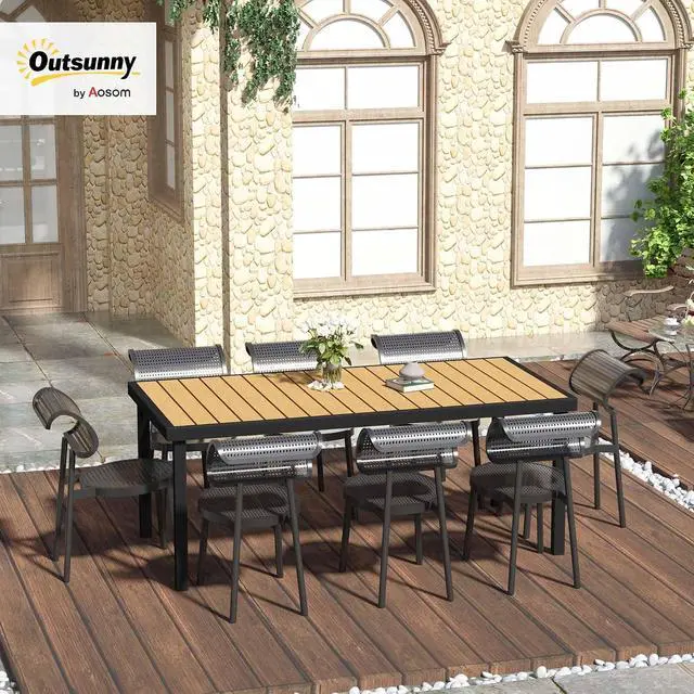 Alt view image 2 of 7 - 75" x 35" Outdoor Dining Table for 8 People Rectangular Natural | Aluminum Frame Garden Table, All-Weather Faux Wood Top, Lawn, Patio