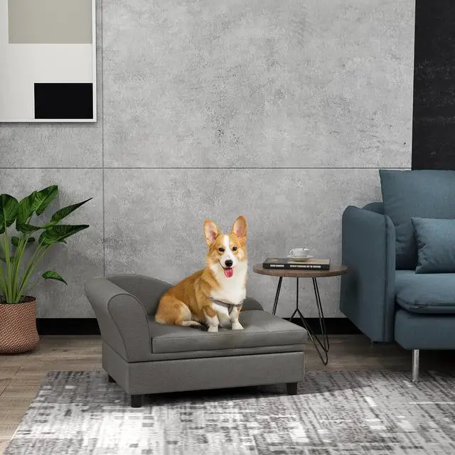 Alt view image 2 of 7 - PawHut Pet Sofa, Dog Couch, Elevated Pet Bed for Small Dogs, with Hidden Storage, Soft Tufted Cushion, Gray | Elevated Pet Bed, Soft Tufted Cushion