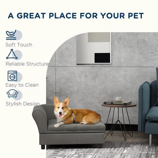 Alt view image 6 of 7 - PawHut Pet Sofa, Dog Couch, Elevated Pet Bed for Small Dogs, with Hidden Storage, Soft Tufted Cushion, Gray | Elevated Pet Bed, Soft Tufted Cushion