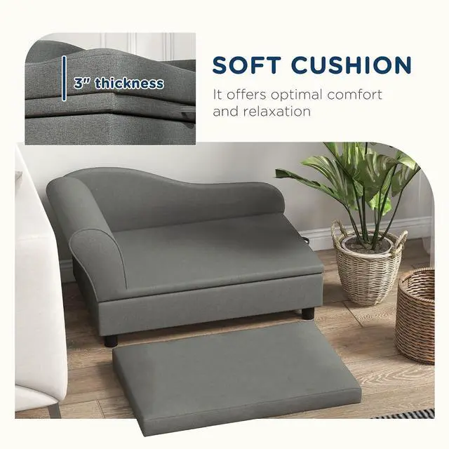 Alt view image 5 of 7 - PawHut Pet Sofa, Dog Couch, Elevated Pet Bed for Small Dogs, with Hidden Storage, Soft Tufted Cushion, Gray | Elevated Pet Bed, Soft Tufted Cushion