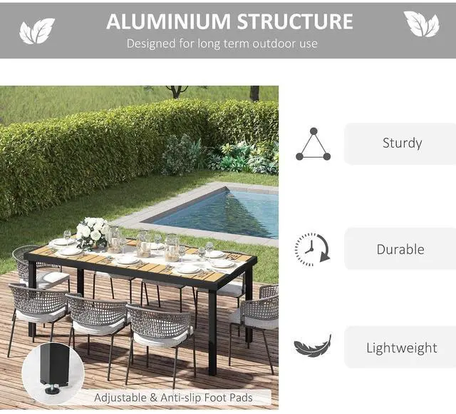 Alt view image 5 of 7 - 75" x 35" Outdoor Dining Table for 8 People Rectangular Natural | Aluminum Frame Garden Table, All-Weather Faux Wood Top, Lawn, Patio
