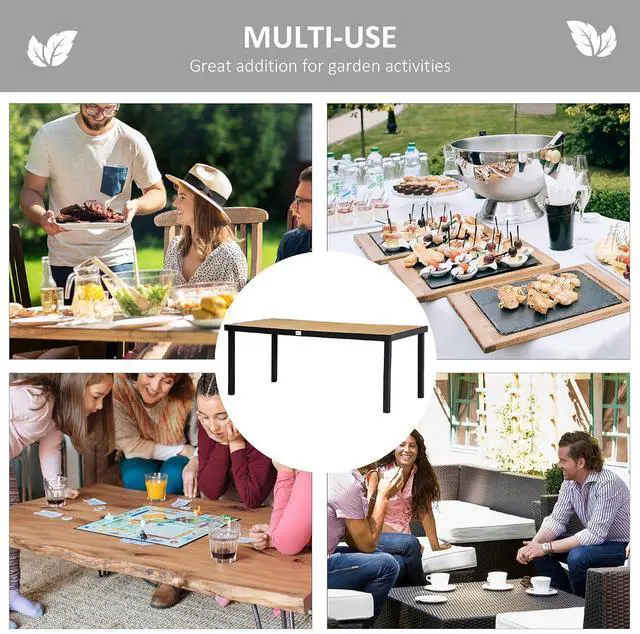 Alt view image 6 of 7 - 75" x 35" Outdoor Dining Table for 8 People Rectangular Natural | Aluminum Frame Garden Table, All-Weather Faux Wood Top, Lawn, Patio