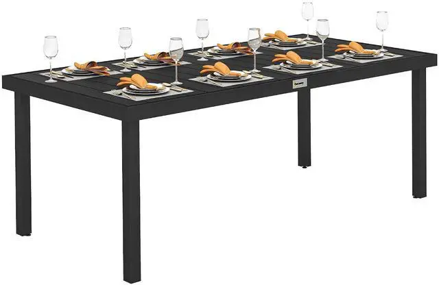 Main image of 75" x 35" Outdoor Dining Table for 8 People Rectangular Black | Aluminum Frame Garden Table, All-Weather Faux Wood Top, Lawn, Patio